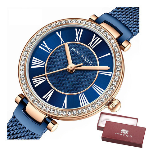 Relógios Mini Focus com cinto de malha de diamante para pulseira azul de cor M