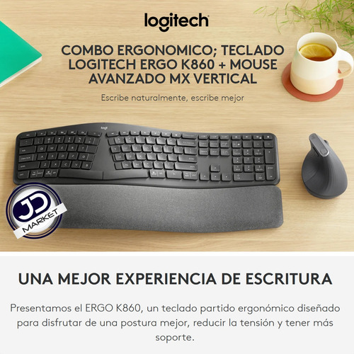 Imagen 2 de 10 de Combo Ergonómico Logitech: Teclado K860 + Mouse Mx Vertical