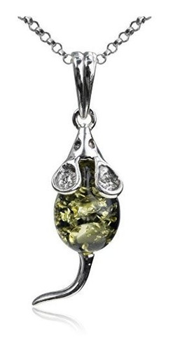 Collar - Green Amber Sterling Silver Mouse Pendant Necklace 