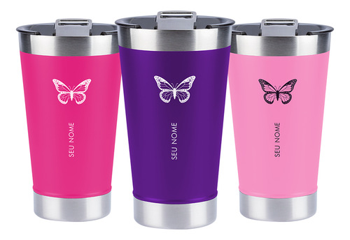 Copo Térmico 473ml Personalizado De Borboleta Com Nome