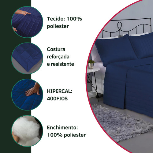 Cobre Leito Colcha Matelado Casal Padrão 3 Peças Dupla Face Macio Hotel 400 Fios Premium Azul Marinho
