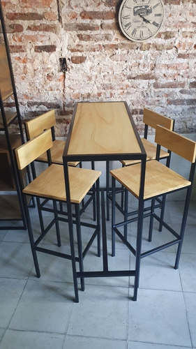 Mesa Barra Desayunador Industrial 120x40 + 4 Taburetes 36x36