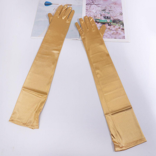 2 Piezas Guantes Largos Elegantes De Dama Satin Accesorio Dorado Lisa