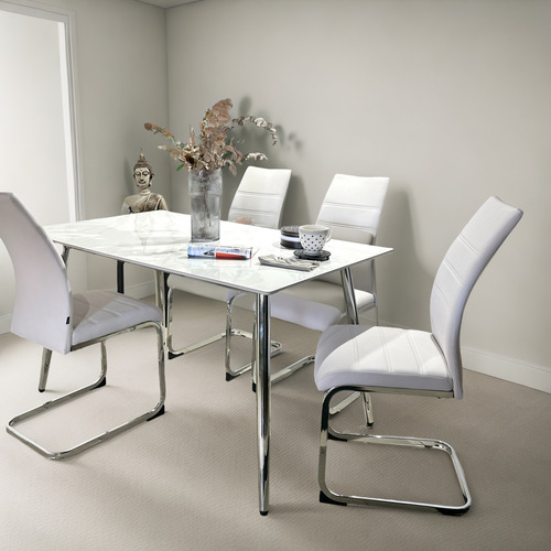 Juego Comedor Bulnes Cromo Neolith 140 + 4 Sillas Veneta Blanco Cuero Sintetico