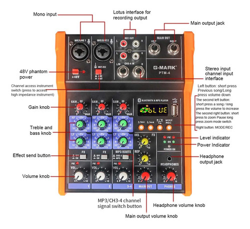 Mezclador Analógico Audio 4 Canales Dj Audio Mixer Bluetooth