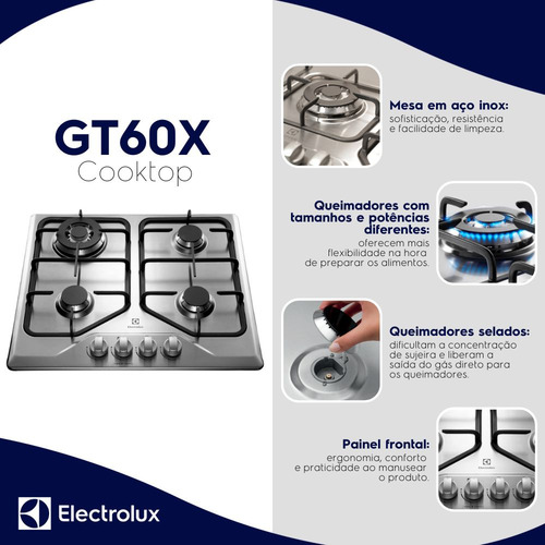 Cooktop À Gás Electrolux 4 Bocas Gt60x Tripla Chama Inox Prateado