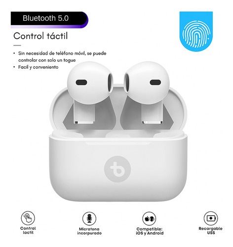Auricular Bluetooth Inalámbrico Air 5 Pro Tactil Bulltec Blanco