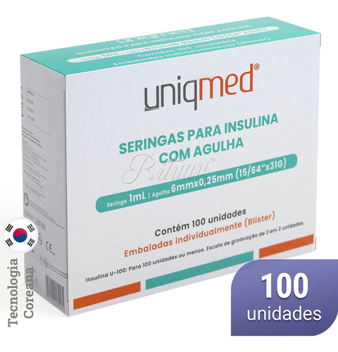 Seringa Insulina 6mm X 0,25mm Ultrafina 1 Ml Uniqmed 100 Un