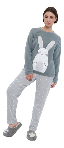 Pijama Mujer Polar Caras Gris Conejo Corona