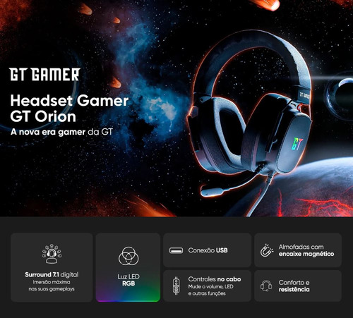 Fone de Ouvido Headset Gamer Luz RGB Com Fio Cor Preto GT Orion Goldentec