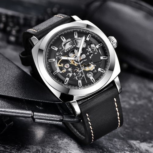 Relojes Mecánicos Casuales De Cuero Hueco Benyar Fondo Plata Negro