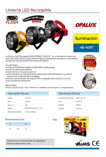 Linterna Recargable Led 10w Hb-4011t/ng Opalux-mihaba