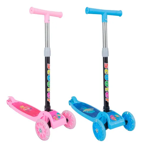 Patinete infantil de 3 ruedas con LED plegable para niño y niña, color azul