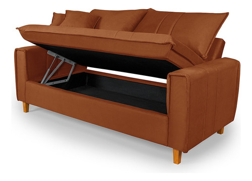 Sofa Living 195cm 3 Lugares Com Bau Tecido Suede Pes Madeira Cor Terracota