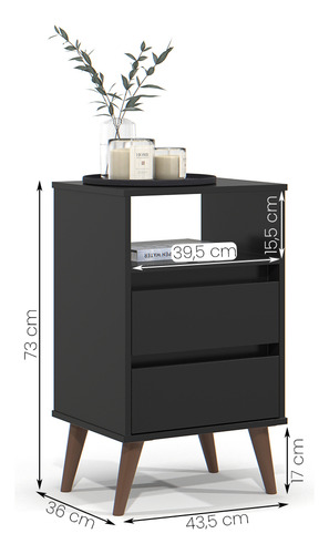 Mesa De Cabeceira Pés Retrô 2 Gavetas 43cm Roma Preto