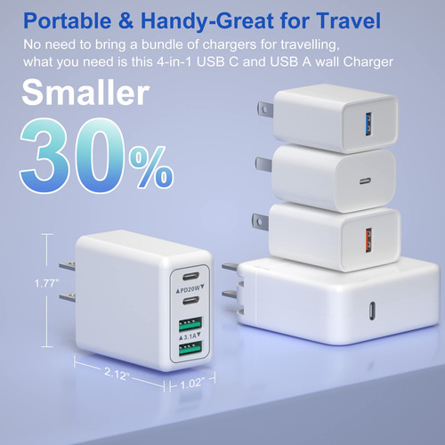 Cargador De Pared Usb C Rápido 40w 2 Unidades 4 Puertos