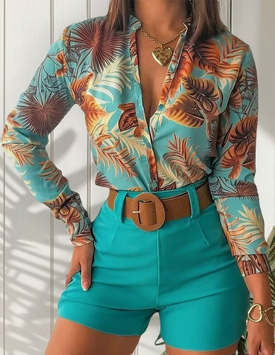 Conjunto De Pantalones Cortos Estampados Con Cuello Alto Co