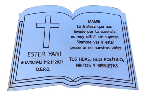 Placa Libro Recordatoria, Para Cementerio, Lapidas. 20x15cm.