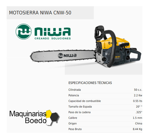 Motosierra Explosión 50cc Cnw-50 Espada 50cm 2.2 Kw Niwa Naranja