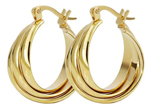 Three Hoops Flat Stainless Steel 14k Yellow Gold Wide Chunky