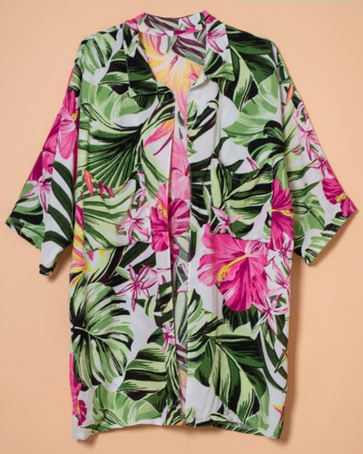 Camisa Kimono Mujer Floreado Colores Playa Largo Bolsillo