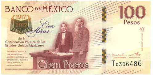 Mexico 100 Pesos 25ene 2016 Serie Unc 100 Años Constitucion