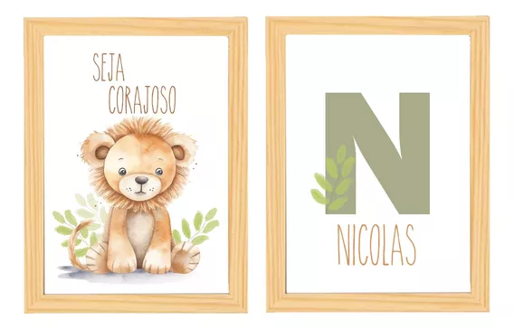 Quadro Decoração Safari Kit 2 Quadros Leao Seja Corajoso 