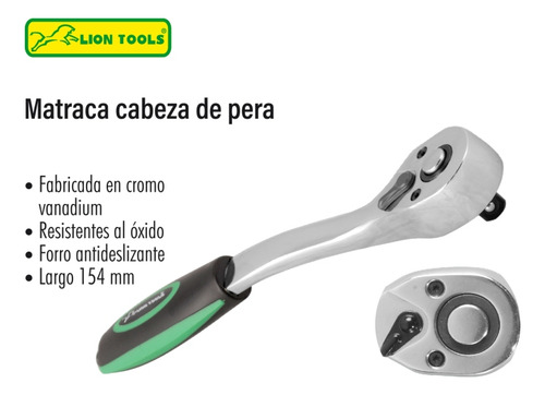Matraca Reversible Cabeza De Pera 3/8 Lion Tools Color Plateado / Verde / Negro