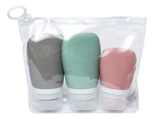 Kit 3 Frascos Silicone Para Viagem Sabonete Shampoo Creme Cor Cinza, Verde E Rosa