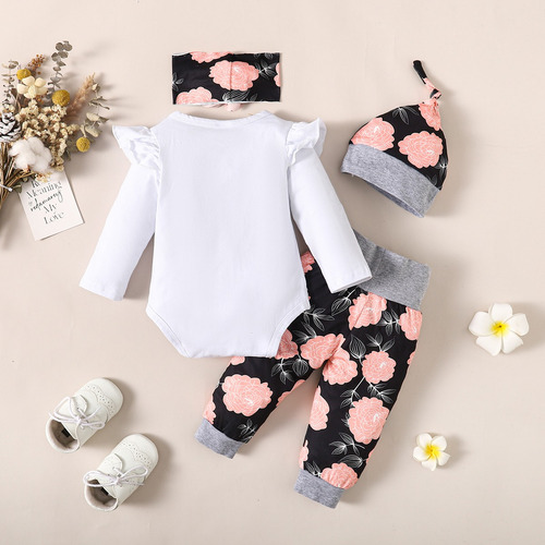 4 Piezas Conjunto De Algodón Para Bebé Con Estampados Flores