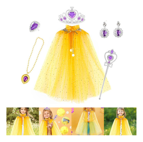 Disfraz De Princesa, Capa, Corona, Collar, Anillo, Pendientes, Varita