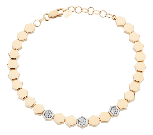 Pulseira De Ouro 18k Com Diamantes 17cm Hexagonal Hexágonos