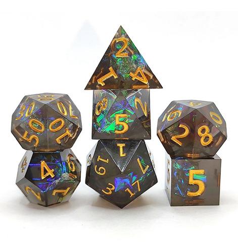 7 Piezas De Dados Poliédricos De Resina Juego Negro Dorado