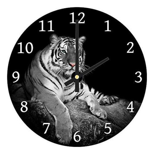 Reloj De Pared De Madera Gris Y Blanco Con Tigre Negro, Sile