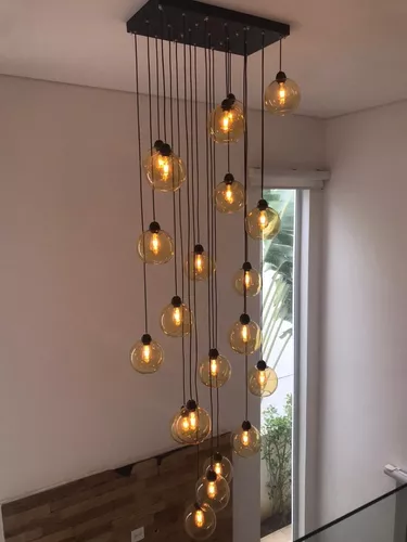 Lustre Pendente Sarvah 5 Globos Âmbar Conhaque Para Casas Pé Direito Duplo  e Alto