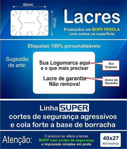 Lacre Picotado 40x27mm Bopp Perola Personalizado 1000unidade