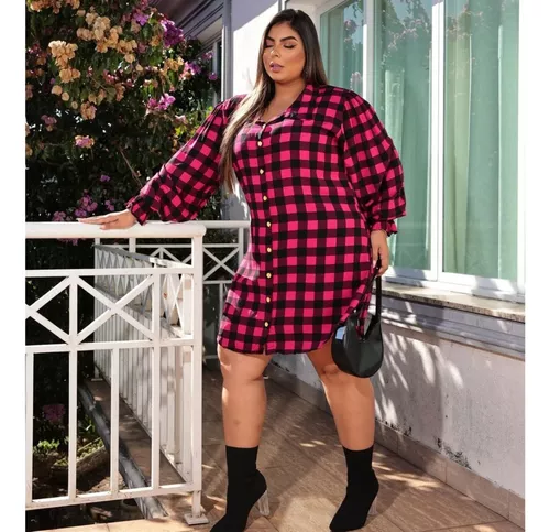 Vestido Chamise Camisa Xadrez Plus Size Flanelada Plus Size - R$ 149,51 em  2023