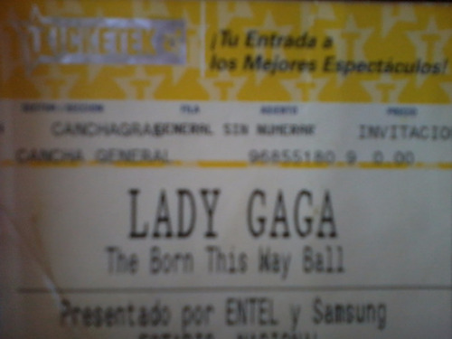 Entrada Ticket Lady Gaga - Born This Way Ball - Nov -2012