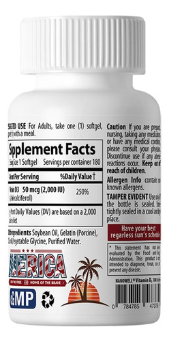 Nanowell Vitamina D3 2000 Iu Suplemento Inmune 360 Cápsulas