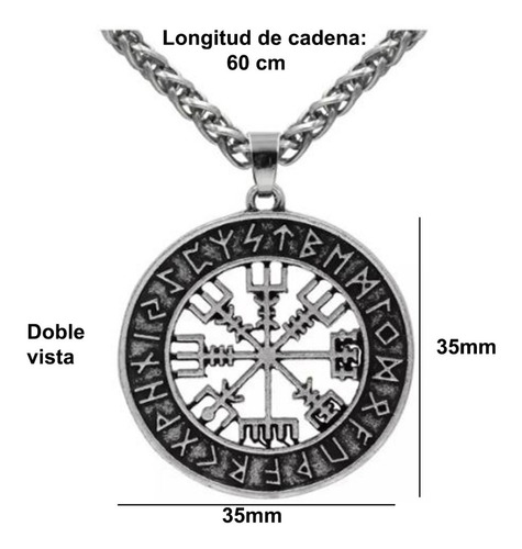 Set Pulsera De Cuero Y Collar Brújula Vegvisir Vikingo Hombr Color Negro/Plata Largo 60 cm