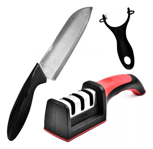 Set Afilador De Cuchillos Ergonomico + Cuchillo + Pelador