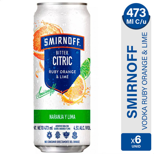 Vodka Smirnoff Ruby Orange & Lime Bitter Citric - Pack X6