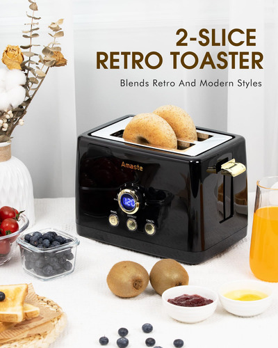 Tostadora Retro De 2 Rebanadas Con Temporizador Digital Led Arábica Negro