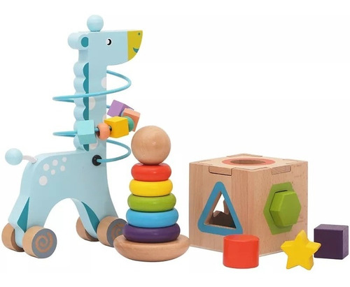 Set De Actividades En Madera Bloques+jirafa+aros Montessori 