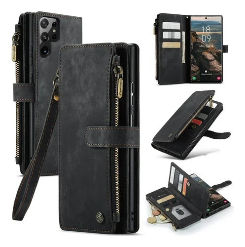 X Funda De Piel Con Tapa For Samsung Galaxy S25 Ultra S24 Fe S23 S22 S21 S20 Plus Note 20 Plus Note 20 Con Cremallera