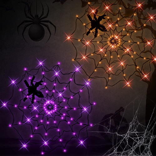 Telaraña De Luces Led Morado Y Naranja 30cm Arañas Hallowe