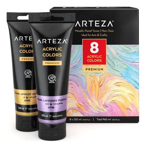 Juego De Pinturas Acrilicas Pastel Metalico 8 Colores 120 Ml
