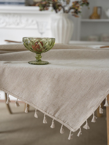 Mantel Rectangular De Lino Con Flecos Beige Vintage