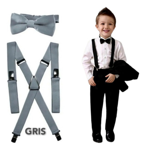 Paquete Especial 17 Tirantes Con Moño Ajustables Para Niño Gris Liso