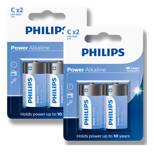 Pilha Alcalina C Philips Bateria Lr14 Média 4 Unidades